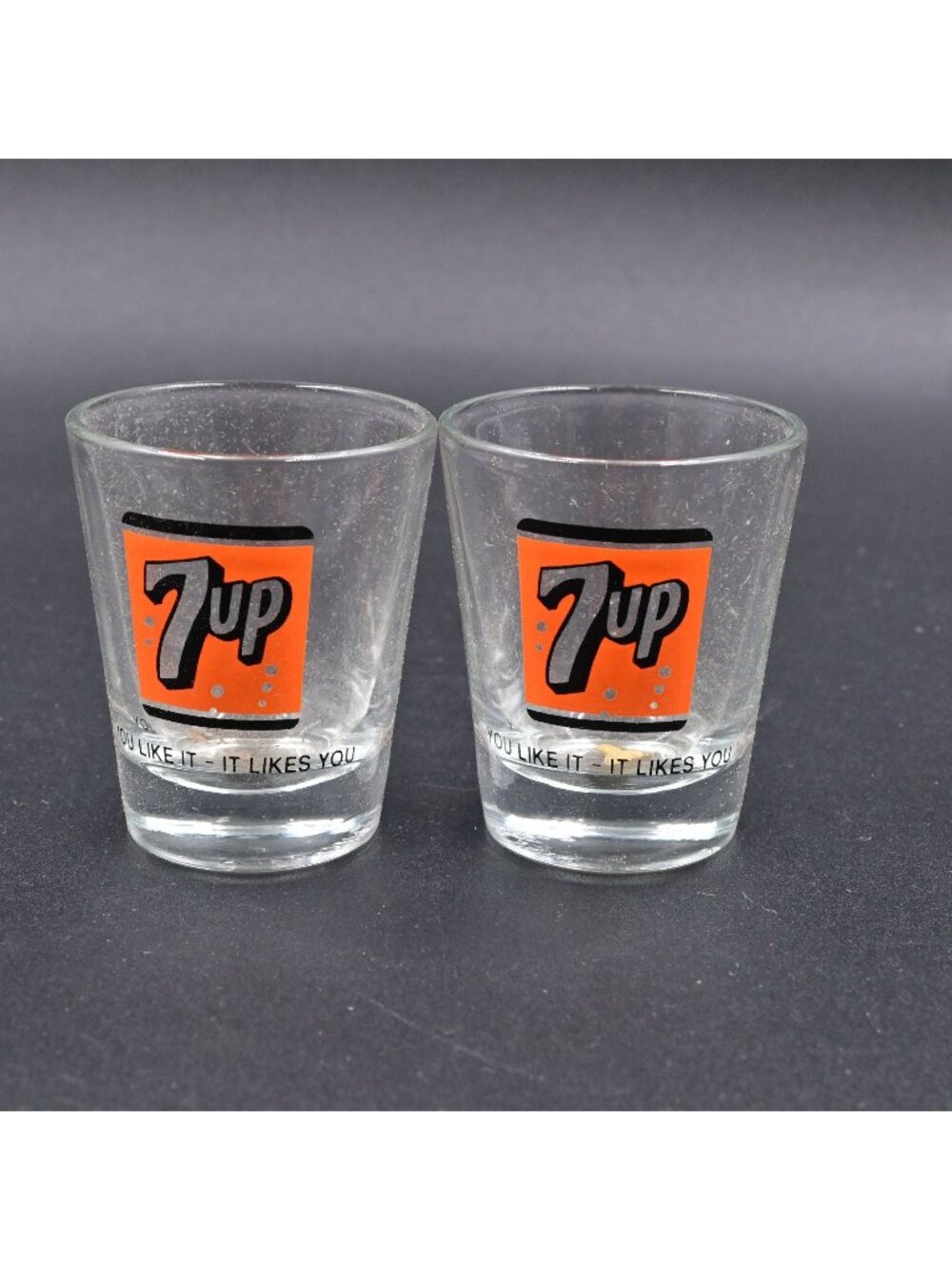 7UP Shot Glasses Set of 2 Orange Shield Logo You Like It It Likes You Vintage
